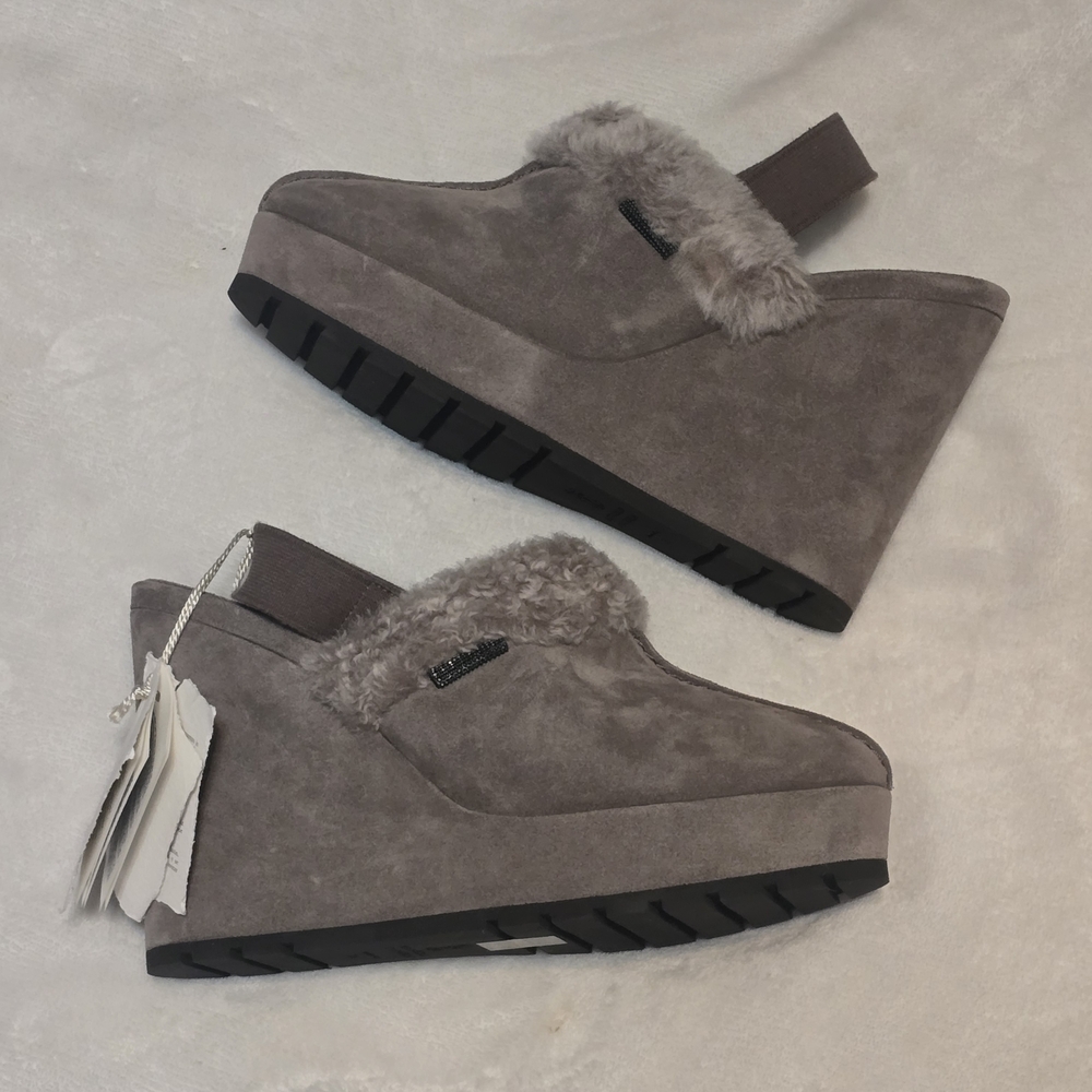 Brunello Cucinelli Gray Suede Fur-Trimmed Wedge Slingbacks